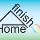 Tekst "finish Home" met huisvorm en gekleurde strepen, op blauwe achtergrond.