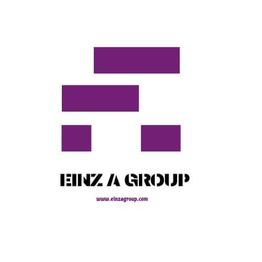 Lila geometrisches Logo mit "EINZ A GROUP" und Webseite darunter auf weißem Hintergrund.