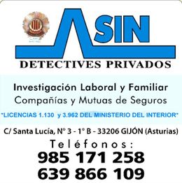 Logo de ASIN Detectives Privados con información de contacto y servicios en Gijón, Asturias.