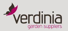 Logotipo de "verdinia garden suppliers" con diseño de hojas en tonos negro y magenta.