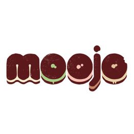 Text "moojo" styled as chocolate and cookies on a white background.