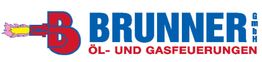 Logo von Brunner GmbH mit rotem Brenner, Text "Öl- und Gasfeuerungen" in Blau und Rot.