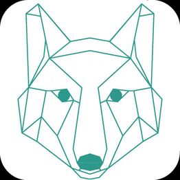 Abstrakter geometrischer Wolfskopf in grünen Linien auf weißem Hintergrund.