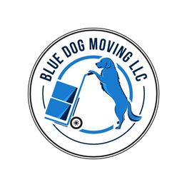 Blue dog using a dolly with boxes, surrounded by "Blue Dog Moving LLC" text.