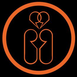 Orange geometrische Figuren bilden ein Herz und zwei Personen auf schwarzem Hintergrund.