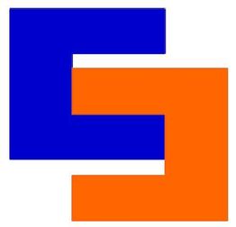 Due forme a L intrecciate, una blu e una arancione, creano un disegno geometrico.