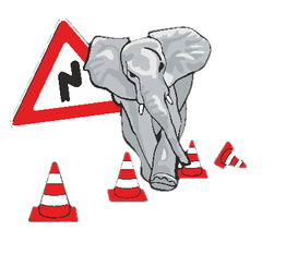 Ein Elefant jongliert mit Verkehrshütchen neben einem Warnschild.