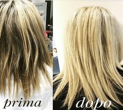 Capelli biondi da ricci e crespi (prima) a lisci e ordinati (dopo).