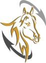 Stilisiertes Pferdekopf-Logo mit goldenen und grauen Pfeilen.