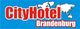 Rotes Logo "CityHotel Brandenburg" auf blauem Hintergrund mit Weltkartenumriss.