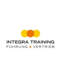 Drei gelbe Kreise, darunter "INTEGRA TRAINING", "FÜHRUNG", "VERTRIEB" in schwarzer Schrift.