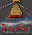 Nepal-Art-Logo mit Himalaya-Gebirge im Hintergrund, Text: "Handwerkskunst vom Dach der Welt".