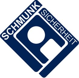 Logo mit stilisiertem Schild, Text: "Schmunk Sicherheit", in Dunkelblau auf weißem Hintergrund.