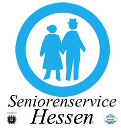 Piktogramm eines Seniorenpaares mit der Aufschrift "Seniorenservice Hessen", Schrift blau und schwarz.