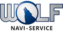 Logo mit einem heulenden Wolf im Buchstaben "O" und Text "WOLF NAVI-SERVICE".