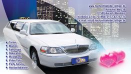 Weiße Limousine vor Stadt-Skyline. Werbung für Hochzeitsservice mit Kontaktinfos.