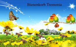 Bunte Vögel, Bienen und Schmetterlinge auf gelben Blumen, mit Haus im Hintergrund. Text: Bienenkorb Tremonia.