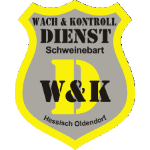 Wappen des Wach- und Kontrolldienstes Schweinebart, gelb umrandet, graues Innenteil.
