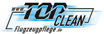Logo mit Schriftzug "www.TOPCLEAN-Flugzeugpflege.de" in blauer und schwarzer Schrift.