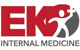 Logo with "EK Internal Medicine" and a stylized figure holding a medical cross on a red background.