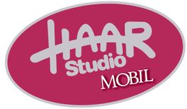 Ovales Logo in Rosa mit dem Text „HAAR Studio MOBIL“ in Weiß.
