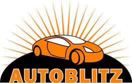 Logo mit orangefarbenem Auto und Strahlen, darunter Text "AUTOBLITZ".