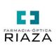 Logotipo de farmacia y óptica Riaza, con símbolo de cruz en tonos turquesa.