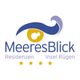 Logo mit stilisiertem Auge und Welle, Text: "MeeresBlick Residenzen Insel Rügen", mit 4 Sternen.