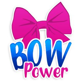 Große pinke Schleife, darunter der Text "BOW Power" in Blau und Pink.