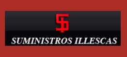 Logo de "SUMINISTROS ILLESCAS" en fondo negro con letras rojas y fondo rojo.