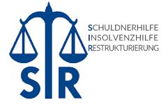 Logo mit Waage, Text: "Schuldnerhilfe, Insolvenzhilfe, Restrukturierung", Initialen "SIR".