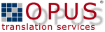 Logo mit blauem Raster und rotem Text: "OPUS translation services".