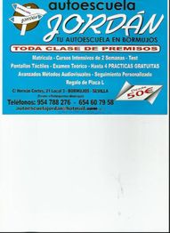 Folleto de Autoescuela Jordán en Bormujos, Sevilla, con cursos y contacto.