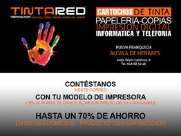 Anuncio de Tintared con mano colorida y texto sobre cartuchos de tinta y ofertas de ahorro.