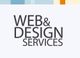 Text: "Web & Design Services" auf grauem Hintergrund mit buntem Streifen oben.