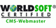 Zertifizierung "Worldsoft Certified CMS-Webmaster" mit Weltkugel im Buchstaben "O".