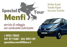 Servizio di noleggio minibus a Menfi, con contatti e-mail e telefono e immagine di un minibus blu.