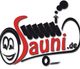 Logo mit dem Text "Sauni.de", lachendes Gesicht, Rauchwolken und stilisiertem Gebäude.
