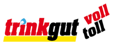 Logo mit Schriftzug "trinkgut voll toll" und einem blauen Wasserspritzer auf weißem Hintergrund.