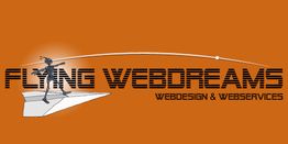 "Logo von Flying Webdreams mit Papierflieger und Figur auf orangefarbenem Hintergrund."