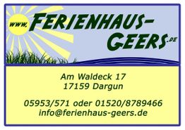 Schild mit Sonnenstrahlen und Kontaktinfos für Ferienhaus Geers, Dargun, www.ferienhaus-geers.de.