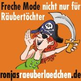 Piratenmädchen mit Holzschwert, Text: "Freche Mode nicht nur für Räubertöchter, ronjasraeuberlaedchen.de".