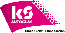 Logo von KS Autoglas mit pinkem Hintergrund und Slogan "Klare Sicht. Klare Sache."