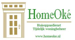 Logo van HomeOké met tekst over huisoppasdiensten en website link: www.homeoke.nl.