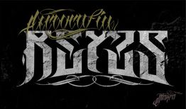 Texto estilizado sobre fondo negro, diseño abstracto y líneas intrincadas en color gris y dorado.