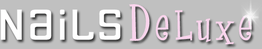 Logo mit Schriftzug „Nails DeLuxe“ in Weiß und Rosa auf grauem Hintergrund.