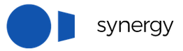 Blue circular icon next to the word "synergy" in lowercase black text on a white background.