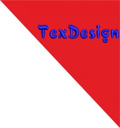 Rotes Dreieck mit blauem Text "TexDesign" oben rechts, unten links ein weißes Dreieck.