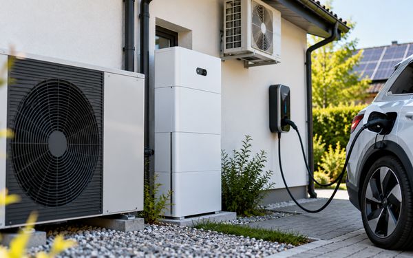 Eine Wärmepumpe, ein Stromspeicher und eine Wallbox zum Laden eines Elektroautos sind an einem modernen Einfamilienhaus installiert und veranschaulichen steuerbare Verbrauchseinrichtungen nach § 14a EnWG.