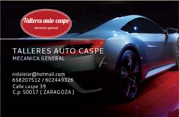 Tarjeta de Talleres Auto Caspe con información de contacto y coche deportivo en fondo oscuro.